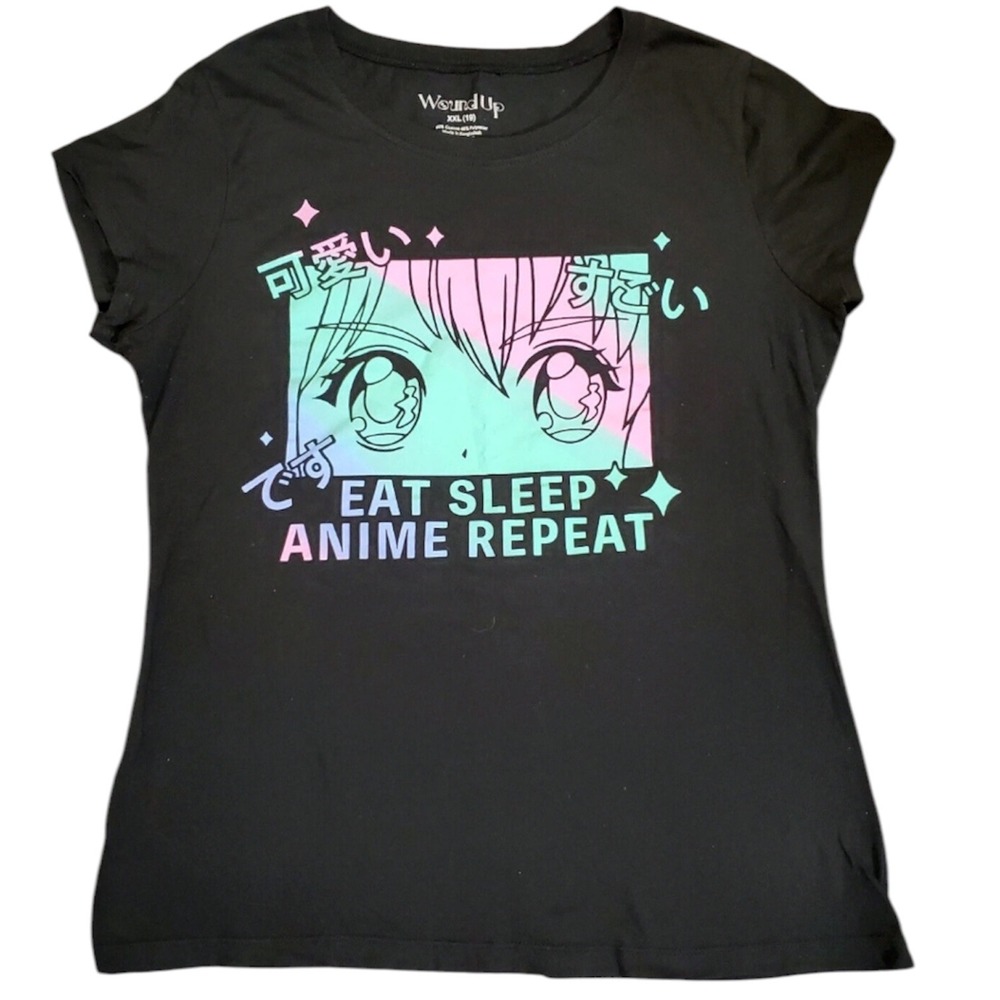 Wound Up women's print‎ Eat Sleep Anime Repeat Short Sleeve Black T-Shirt 3X